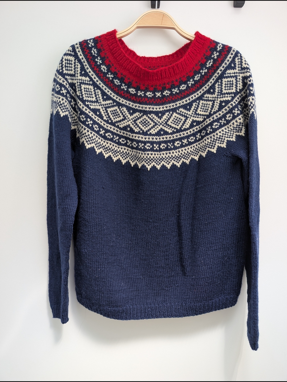 Wool Norwegian Sweater, Navy with Red & Cream Yoke